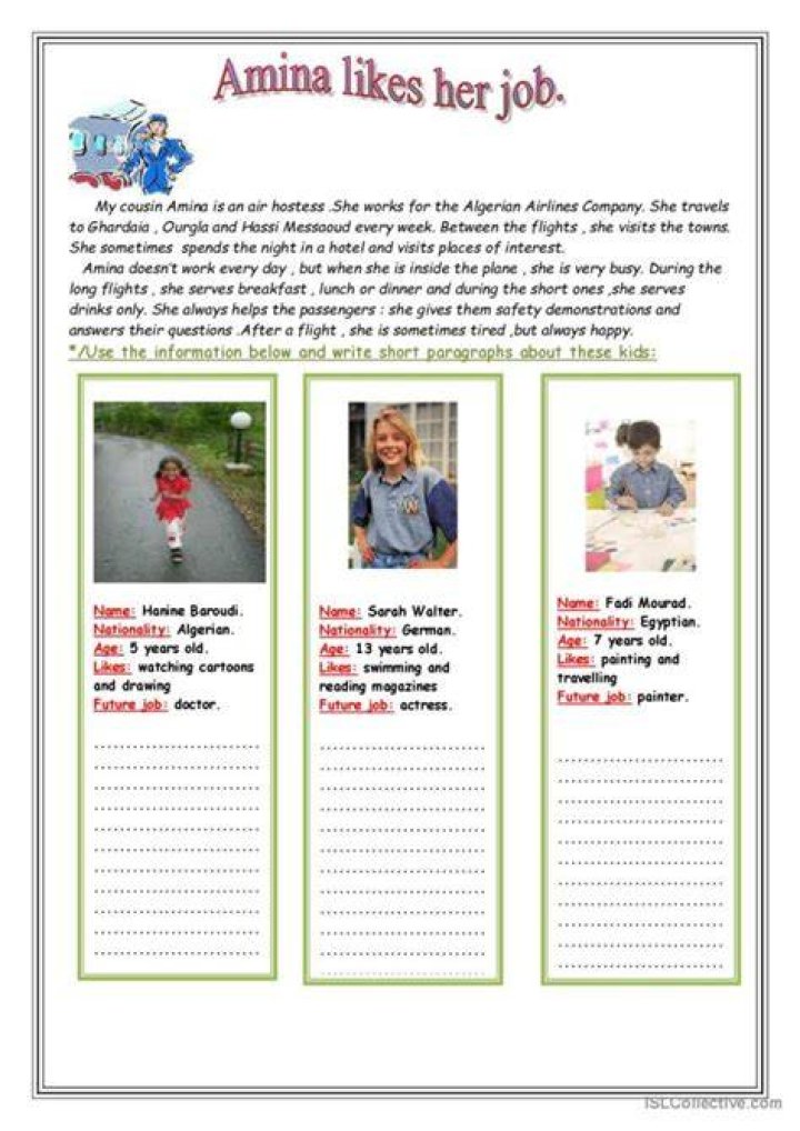 Aina likes her job English ESL worksheets pdf & doc
